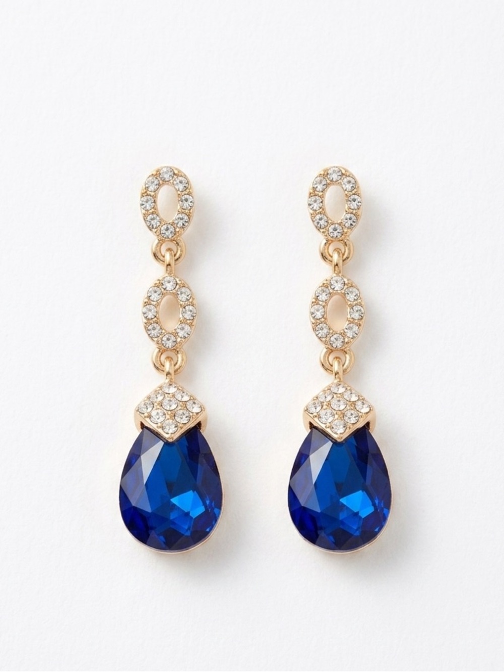 NEW! Saks Fifth Avenue Gold-Tone Drop Earrings with Deep Blue Teardrop Crystals